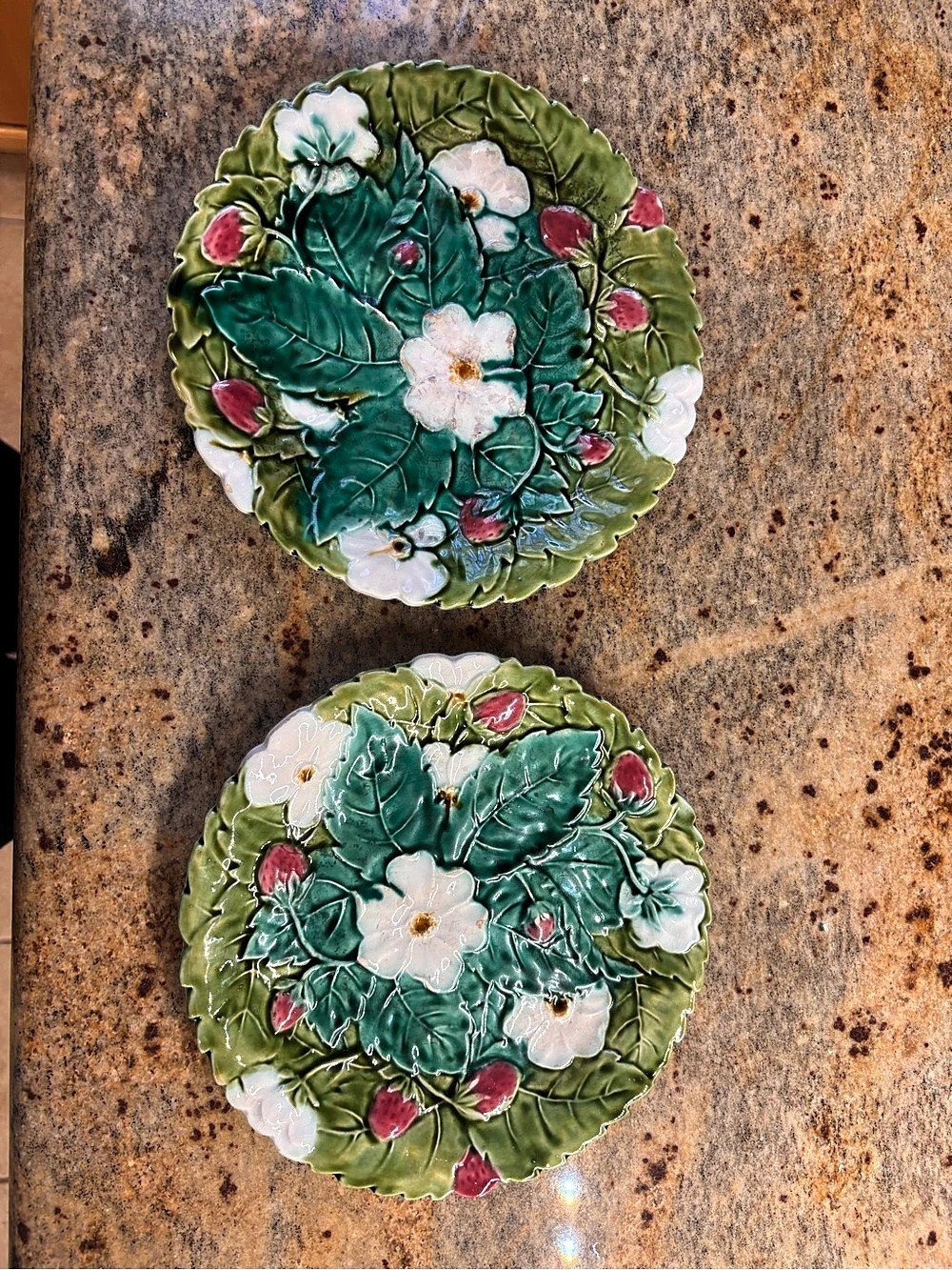 P-V France Majolica Blooming Strawberry Plate Green & White